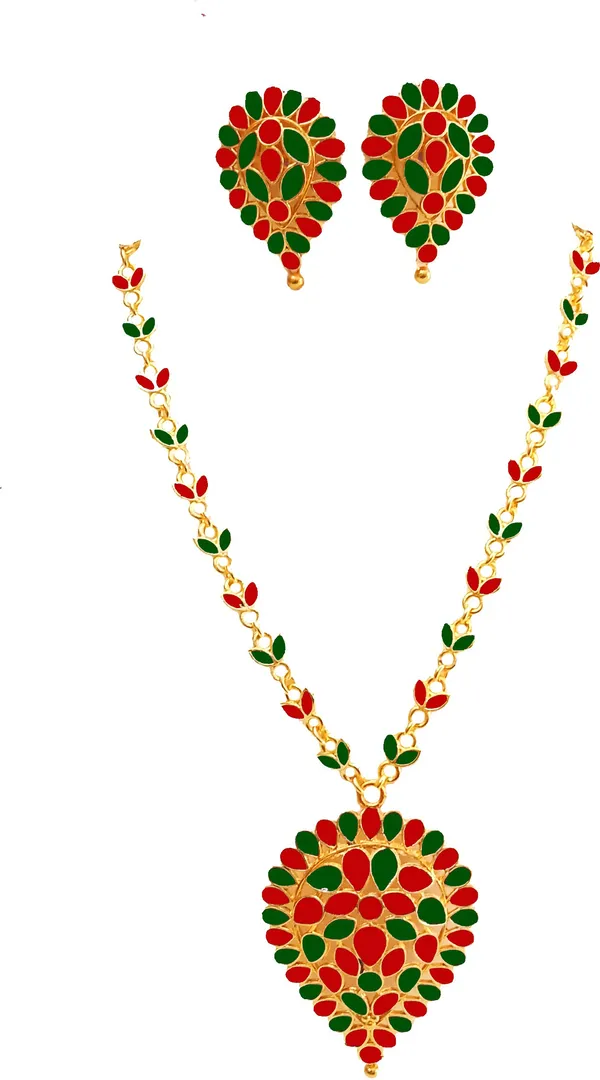 Assamese_Traditional_Gold_Plated_Red_Green_Colour_Dugdugi_Patio_Design_Chain_Jewellery_Set_For_Women